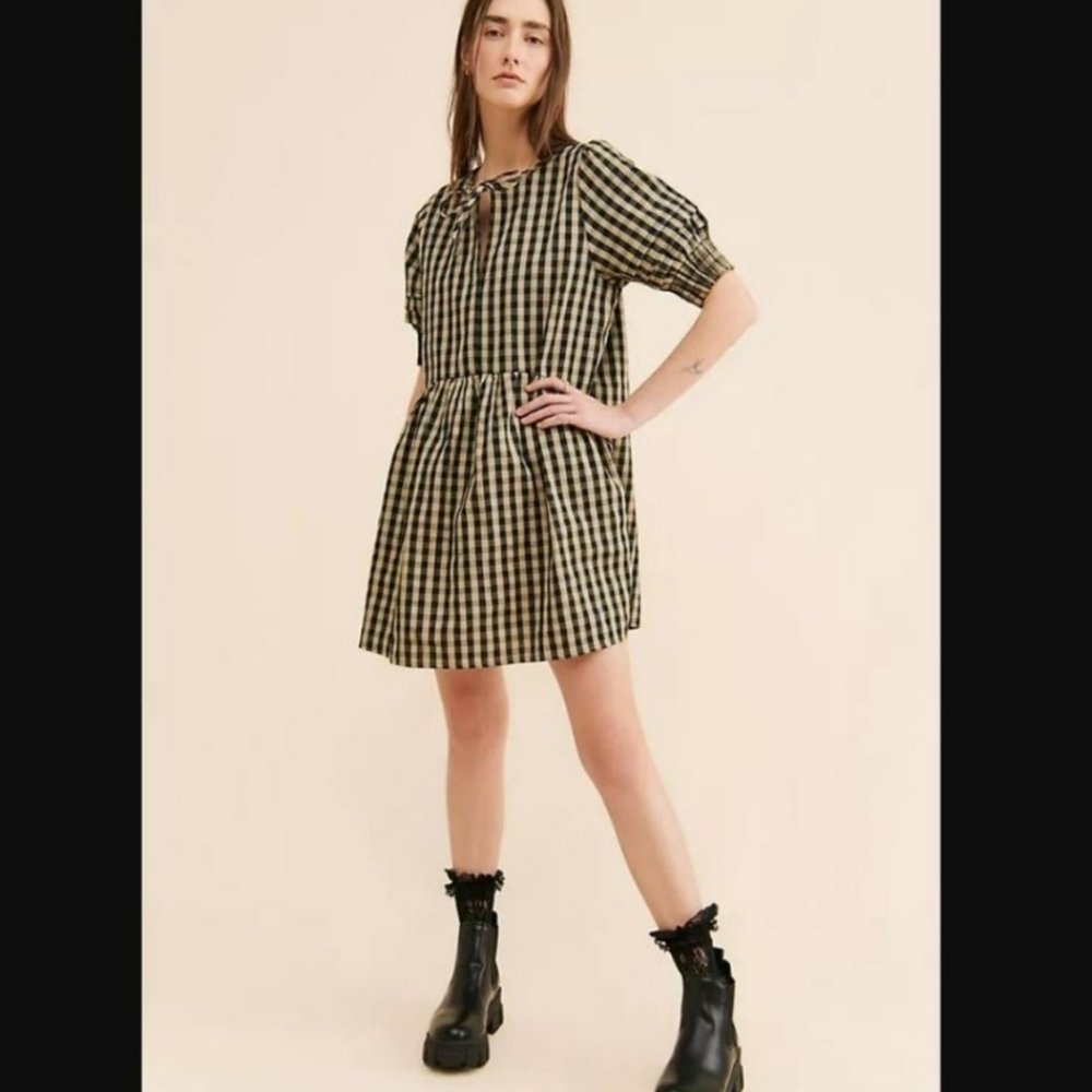 BN Free People Afternoon The Polly gingham plaid puff sleeve mini dress - Picture 2 of 7